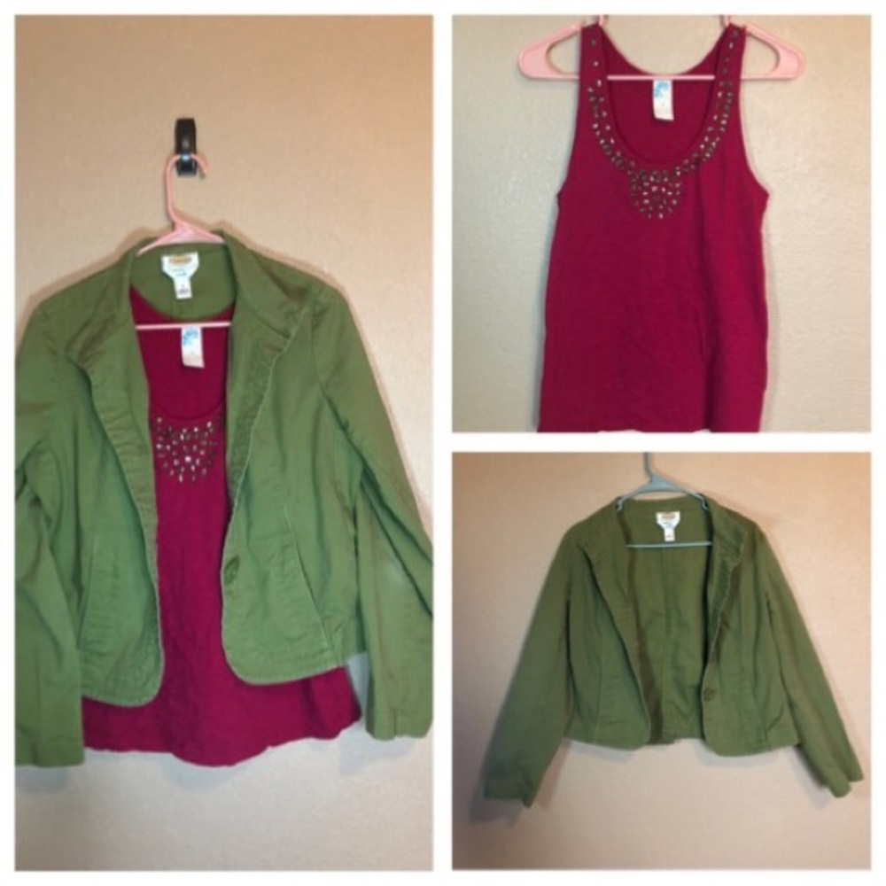 2/$11 Casual olive jacket & pink beaded tank
